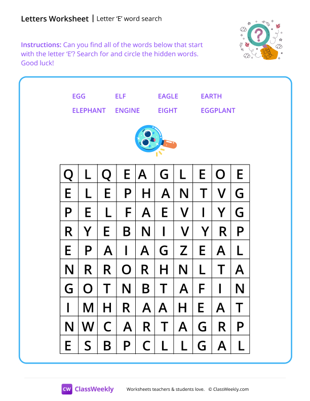 Letter E word search worksheet preview