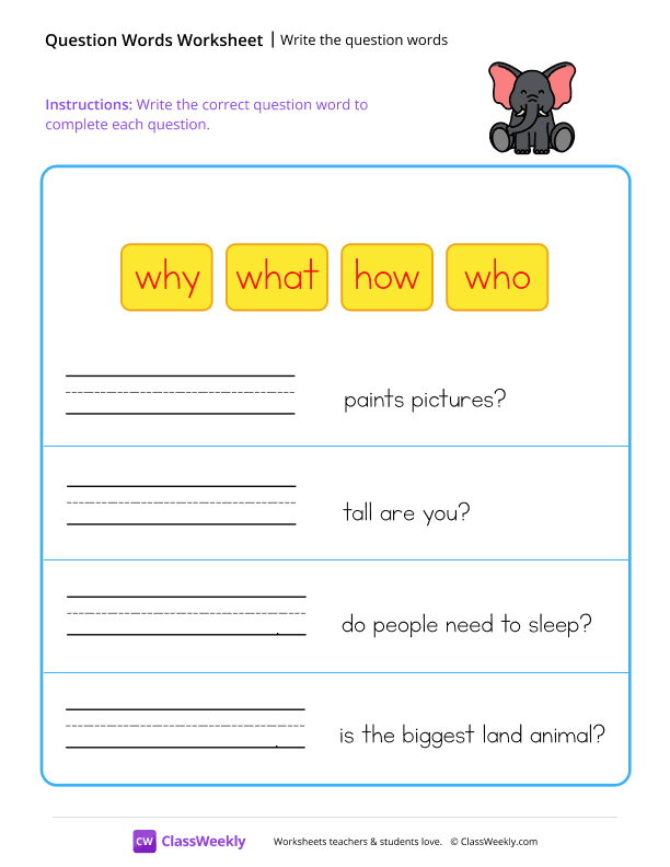 Write the question words - Elephant worksheet preview