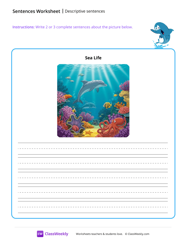 Descriptive sentences - Sea Life worksheet preview