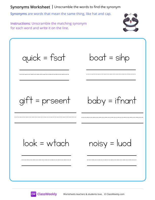 Unscramble the words to find the synonym - Panda worksheet preview