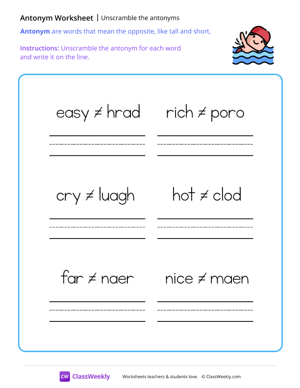 Unscramble the antonyms - Swimmer worksheet preview