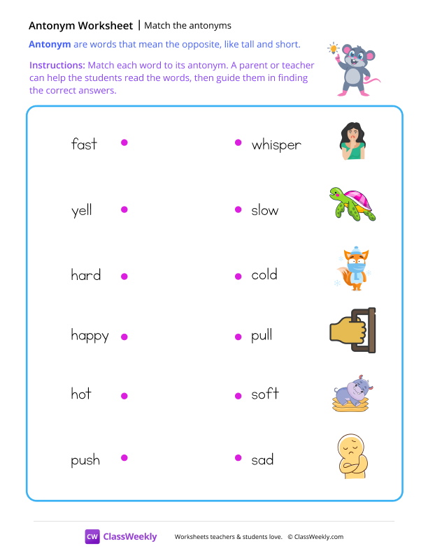 Match the antonyms - Mouse worksheet preview