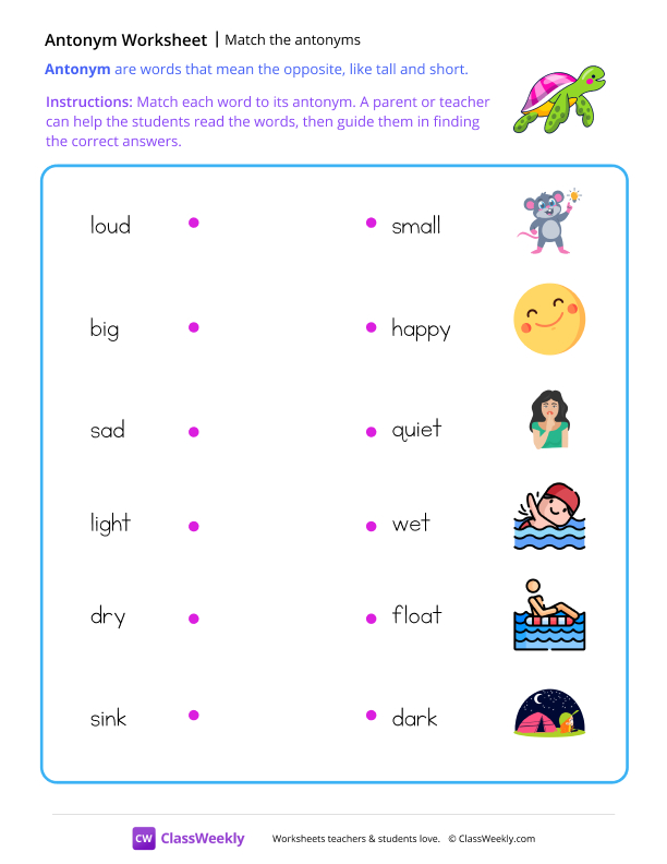 Match the antonyms - Turtle worksheet preview