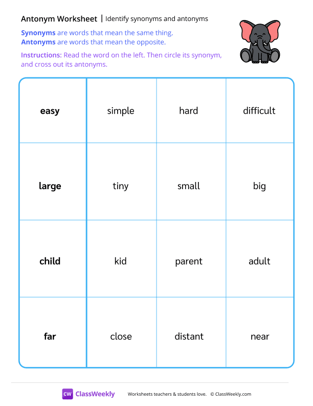 Identify synonyms and antonyms - Elephant worksheet preview