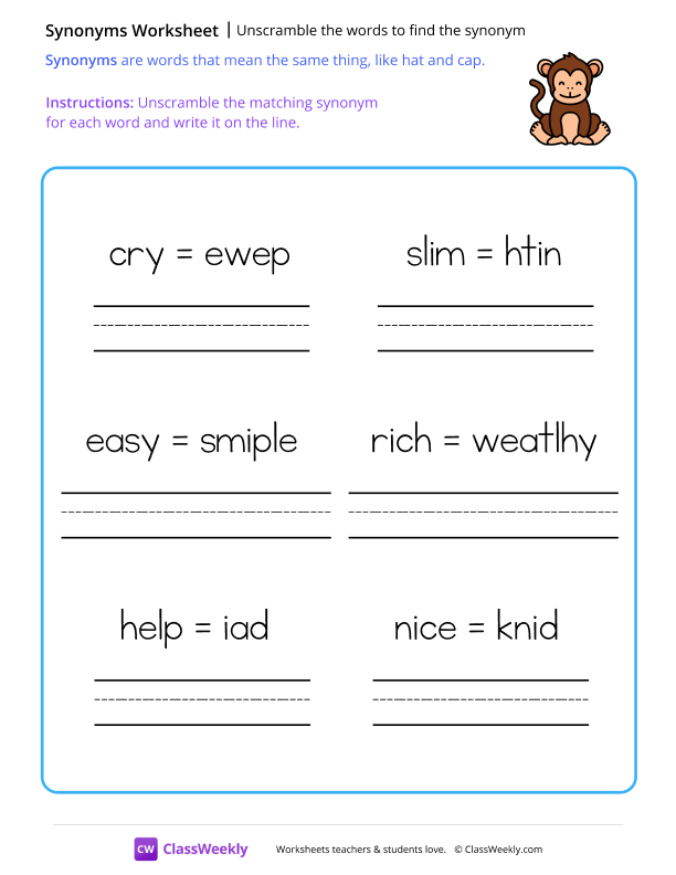Unscramble the words to find the synonym worksheet preview