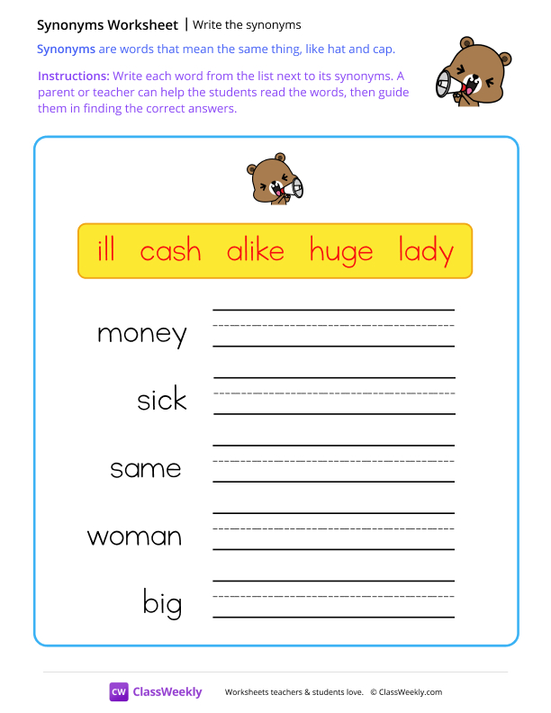 Write the synonyms - Mr. Bear worksheet preview