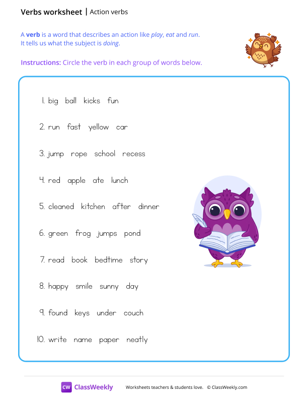 Action Verbs - Owl worksheet preview