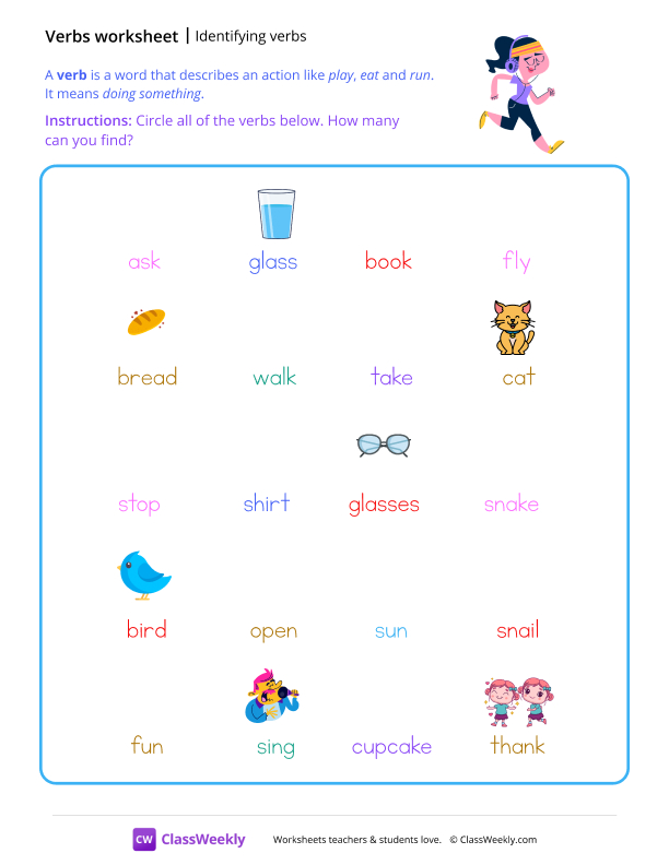 Identifying Verbs - Jog worksheet preview