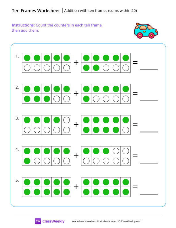 Addition with ten frames (sums within 20) - Toy car worksheet preview