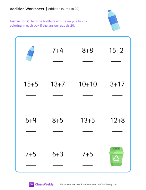 Addition maze (sums to 20) worksheet preview