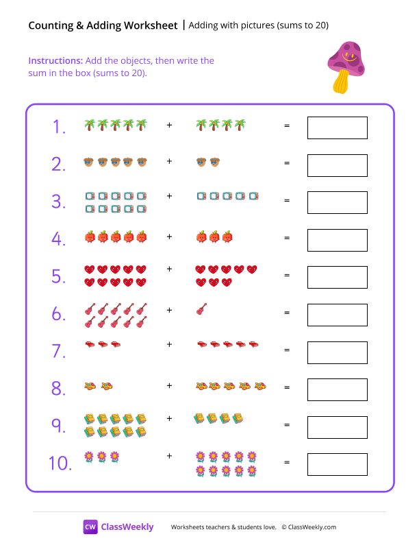 Adding with pictures (sums to 20) - Mushroom worksheet preview