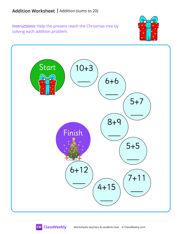 Addition maze (sums to 20) worksheet preview