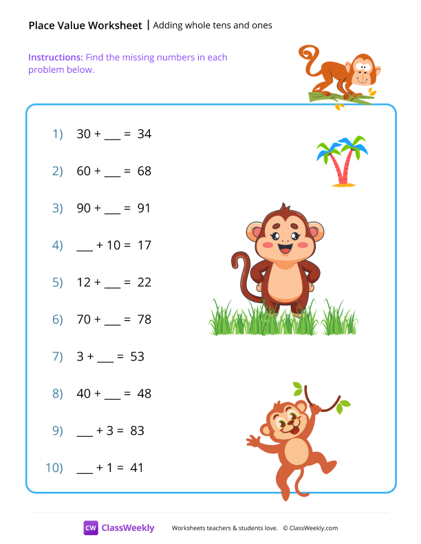 Adding whole tens & ones (missing addends) worksheet preview