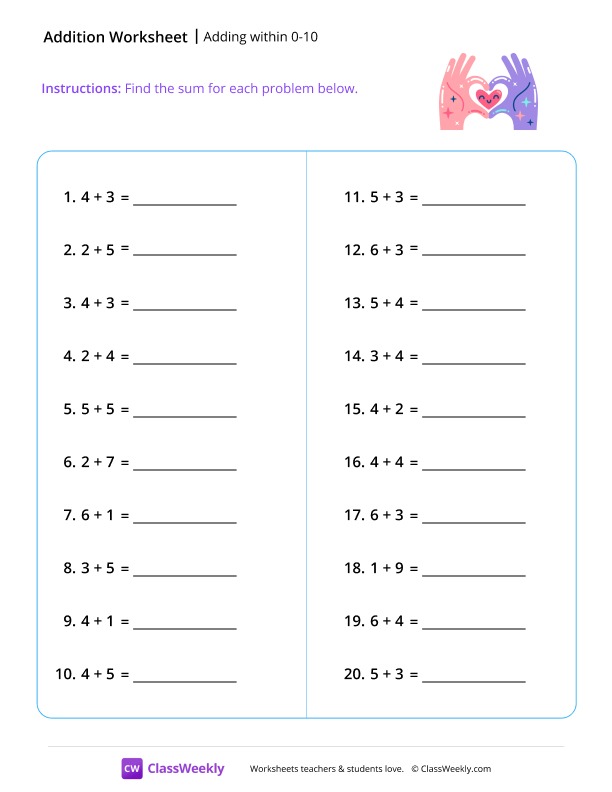 Adding within 10 - Love worksheet preview
