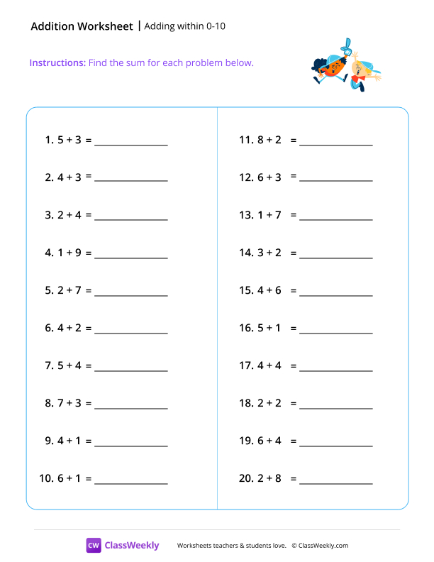 Adding within 10 - Win worksheet preview
