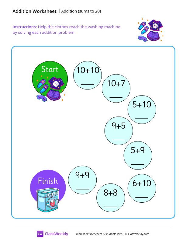 Addition maze (sums to 20) - Clothes worksheet preview