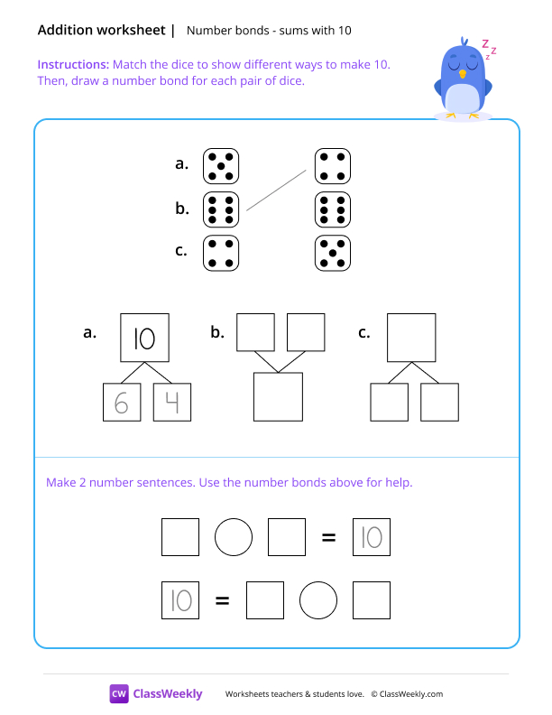 Number bonds (sums with 10) - Sleepy Bird worksheet preview