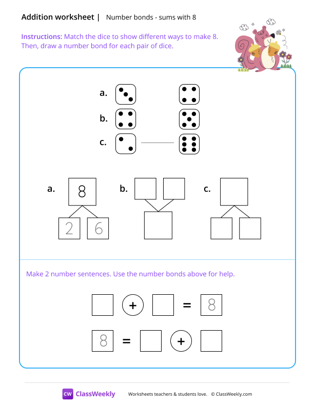 Number bonds (sums with 8) worksheet preview