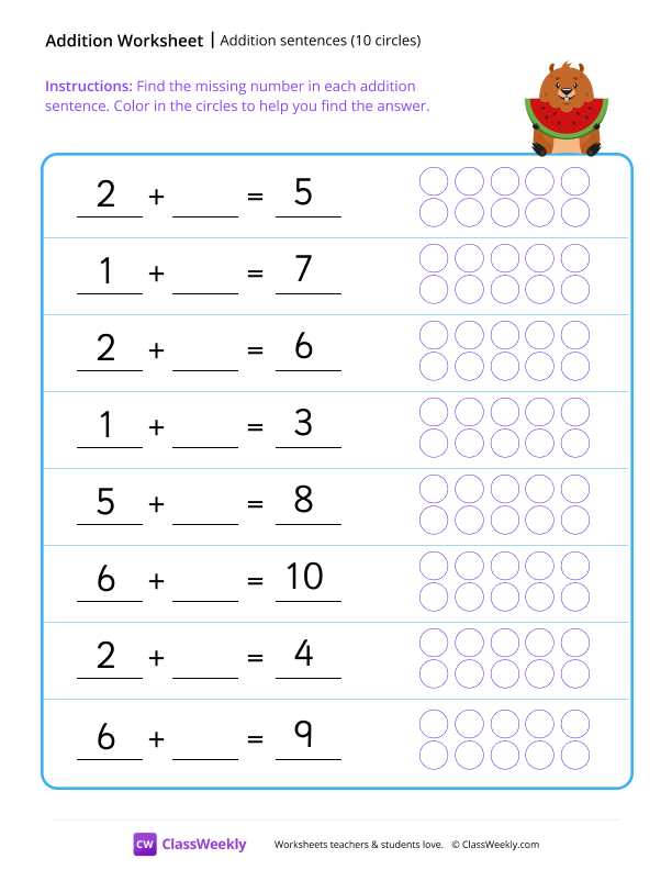 Addition sentences (10 circles) - Groundhog worksheet preview