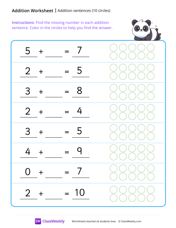 Addition sentences (10 circles) - Panda worksheet preview