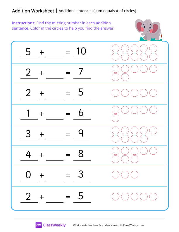 Addition sentences (sum equals # of circles) - Elephant worksheet preview