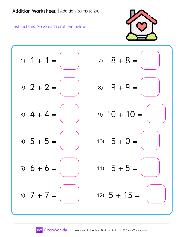 Addition (sums to 20) - House worksheet preview