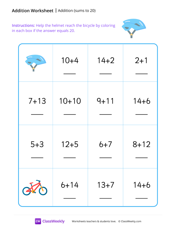 Addition maze (sums to 20) - Helmet worksheet preview