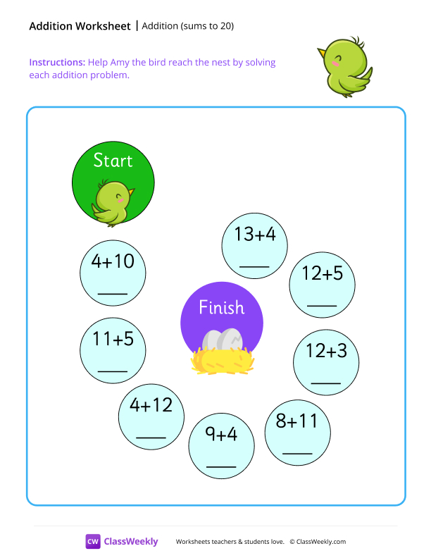 Addition maze (sums to 20) - Green Bird worksheet preview