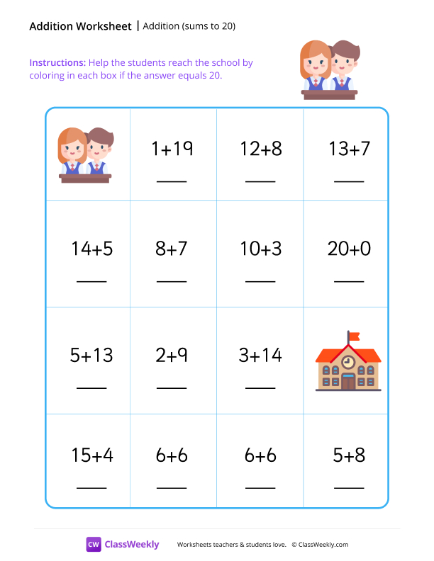 Addition maze (sums to 20) - Classmates worksheet preview
