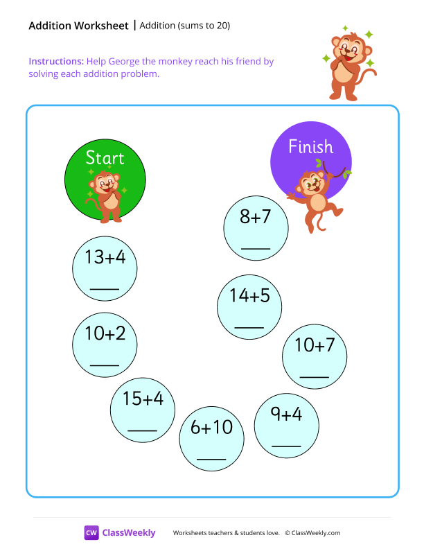 Addition maze (sums to 20) - Excited Monkey worksheet preview