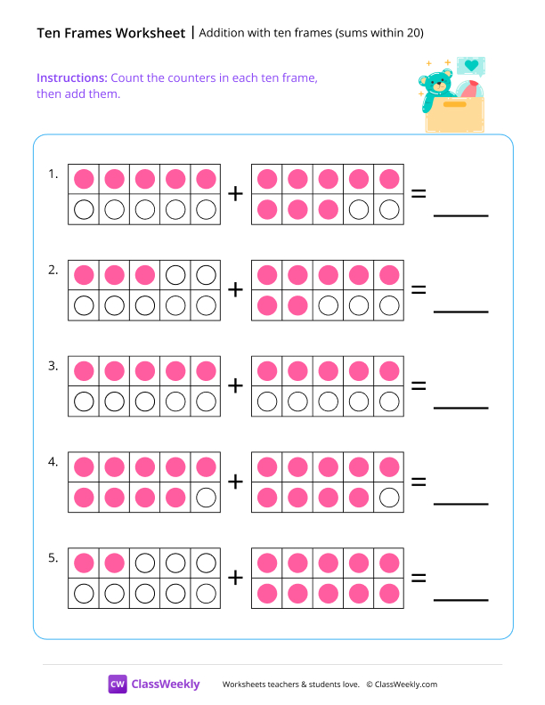 Addition with ten frames (sums within 20) - Toy worksheet preview