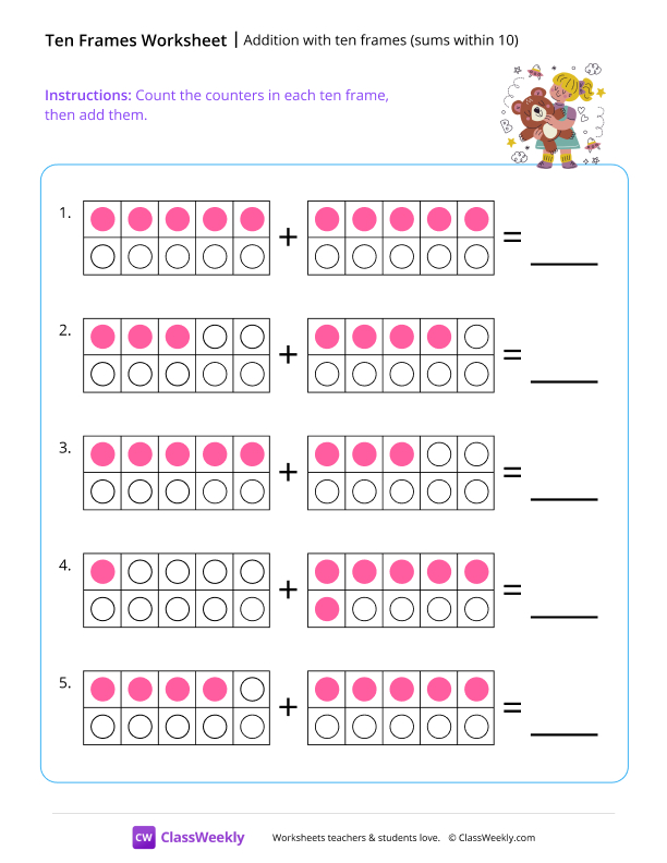 Addition with ten frames (sums within 10) worksheet preview