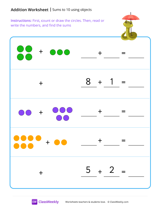 Sums to 10 using objects worksheet preview