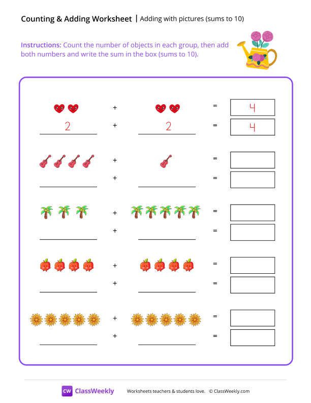 Adding with pictures (sums to 10) - Watering Can worksheet preview