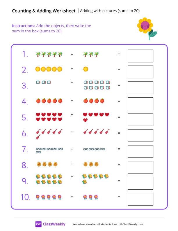 Adding with pictures (sums to 20) - Flower worksheet preview