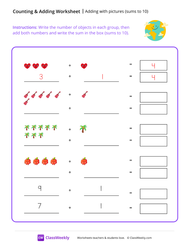 Adding with pictures (sums to 10) worksheet preview
