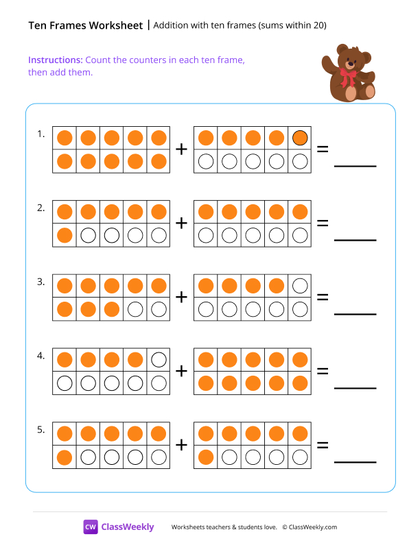 Addition with ten frames (sums within 20) - Teddy worksheet preview