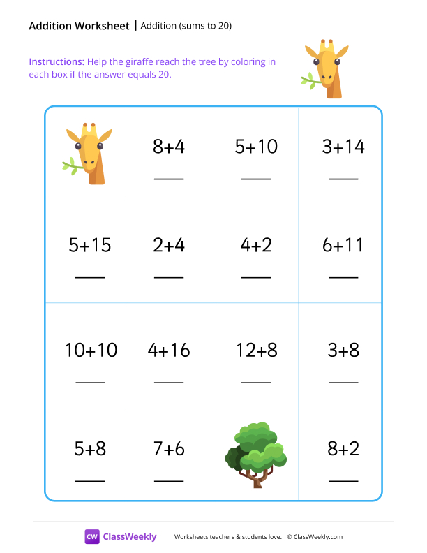 Addition maze (sums to 20) - Giraffe worksheet preview