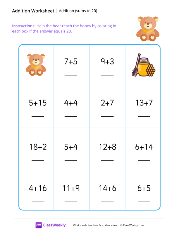 Addition maze (sums to 20) -Teddy Bear worksheet preview