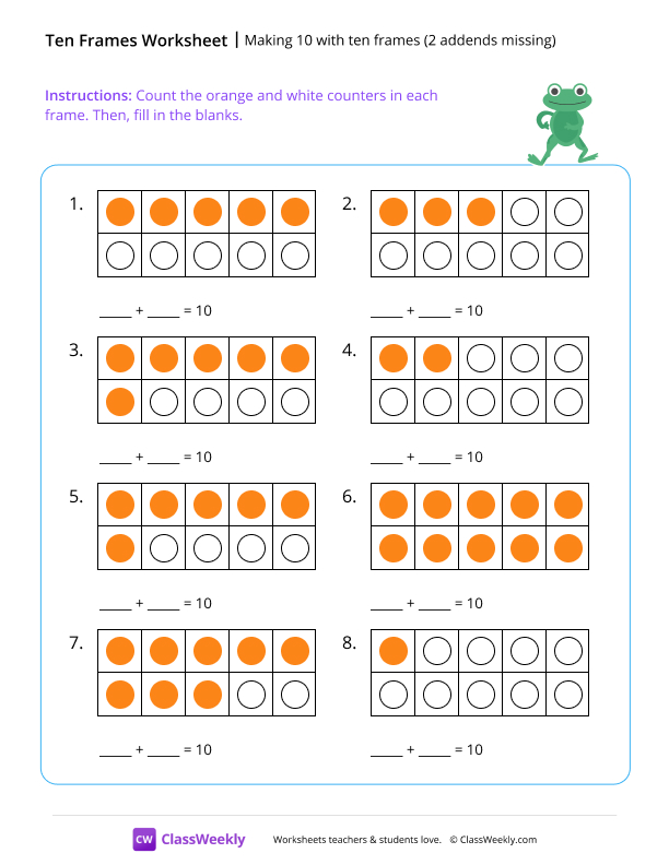Making 10 with ten frames (2 addends missing) - Frog worksheet preview