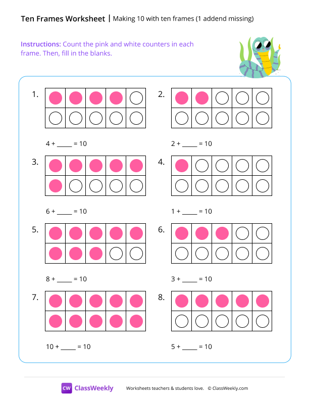 Making 10 with ten frames (1 addend missing) - Snake worksheet preview