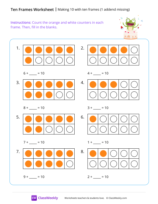 Making 10 with ten frames (1 addend missing) worksheet preview