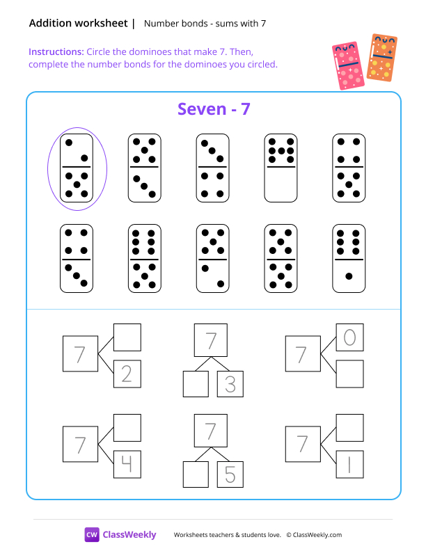 Number bonds (sums with 7) - Dominoes worksheet preview