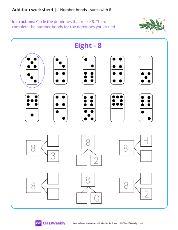 Number bonds (sums with 8) - Branch worksheet preview