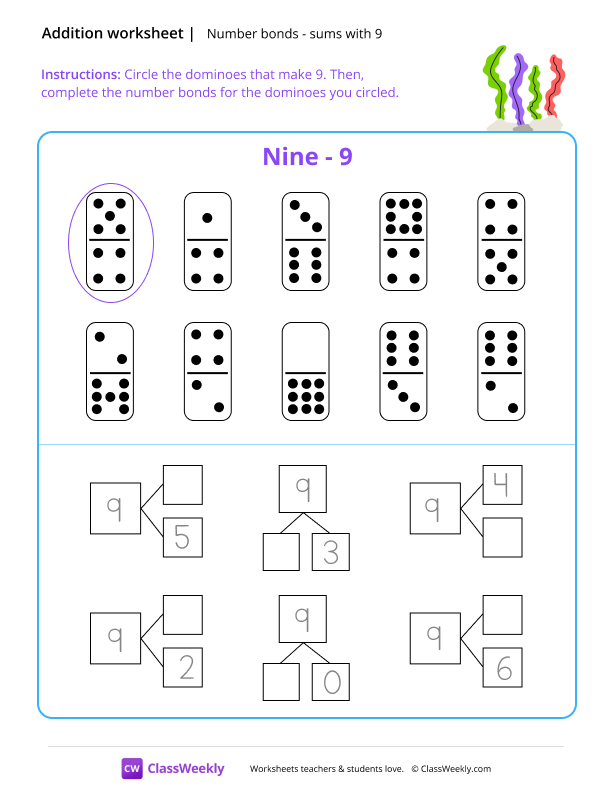 Number bonds (sums with 9) worksheet preview