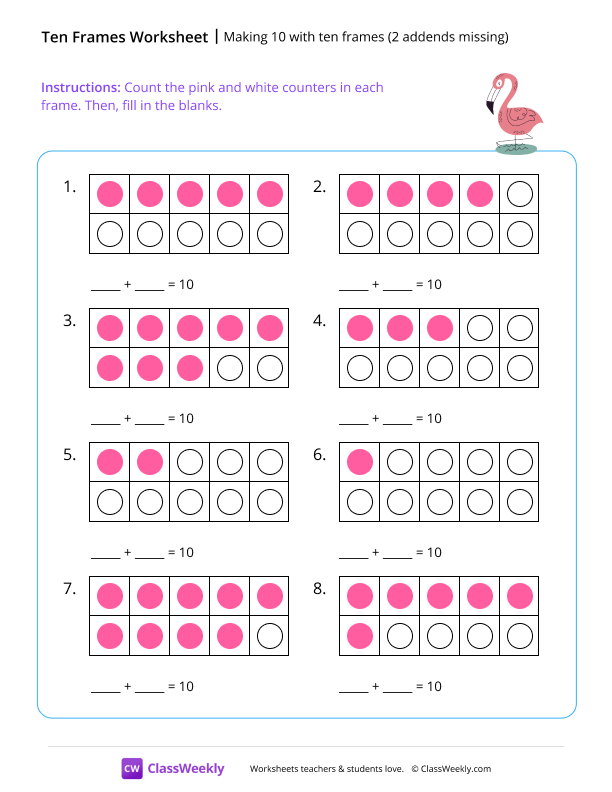 Making 10 with ten frames (2 addends missing) - Flamingo worksheet preview