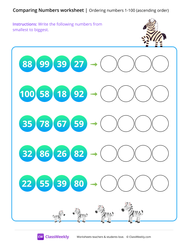 Ordering numbers 1-100 (ascending order) - Zebra worksheet preview