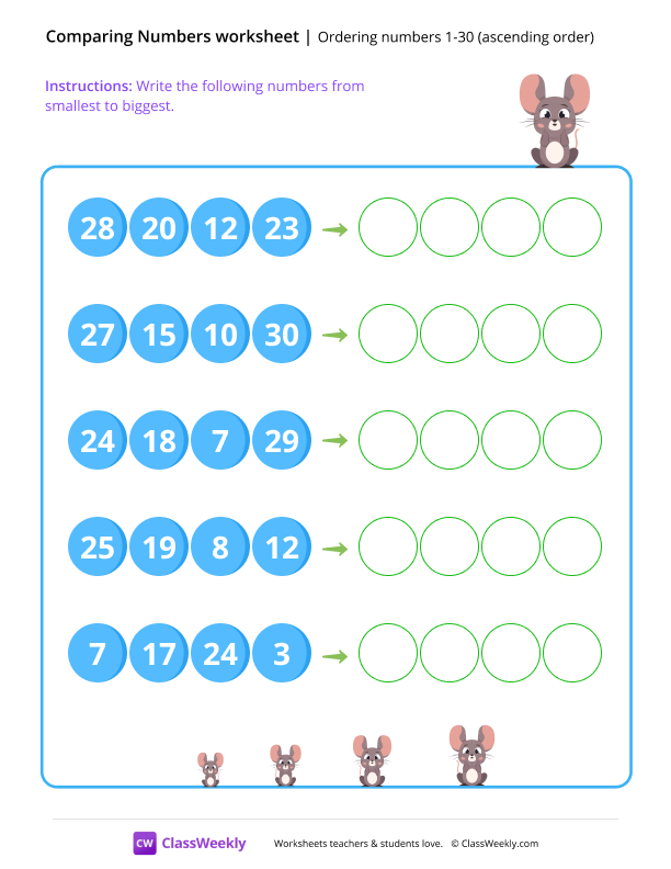 Ordering numbers 1-30 (ascending order) - Mouse worksheet preview