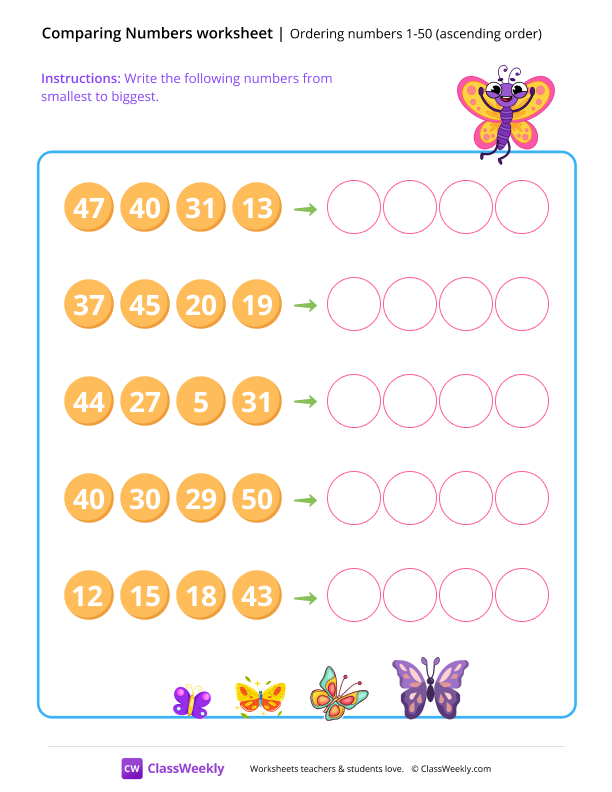 Ordering numbers 1 -50 (ascending order) - Butterfly worksheet preview