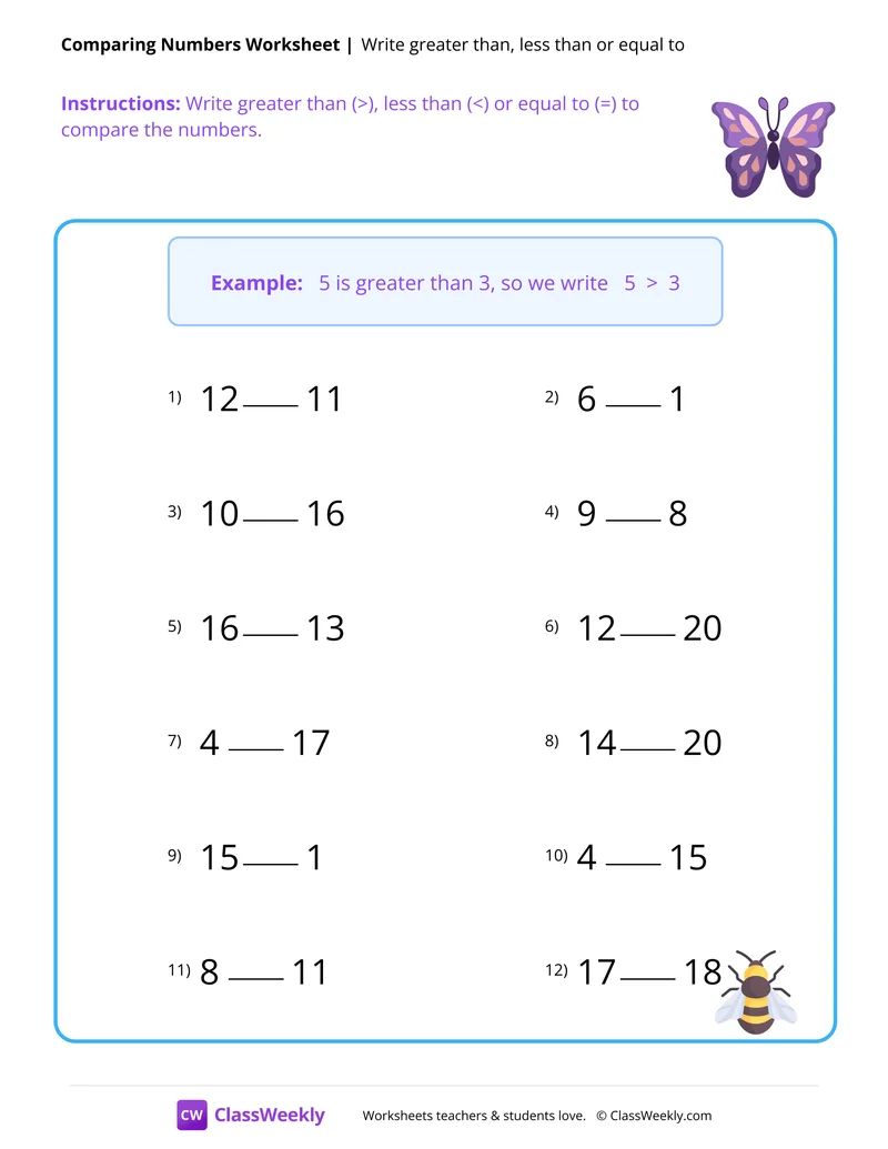 Comparing Numbers worksheet preview